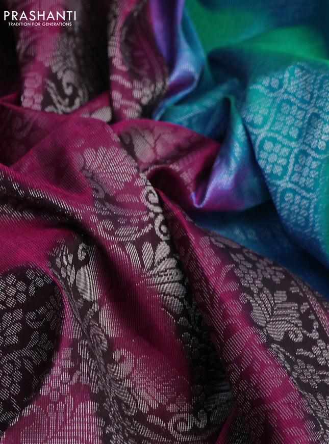 Pure soft silk saree wine shade and teal blue with allover silver zari woven brocade weaves and zari woven border