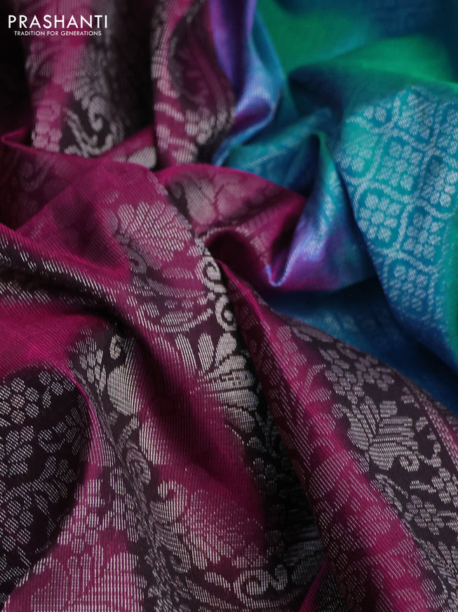 Pure soft silk saree wine shade and teal blue with allover silver zari woven brocade weaves and zari woven border