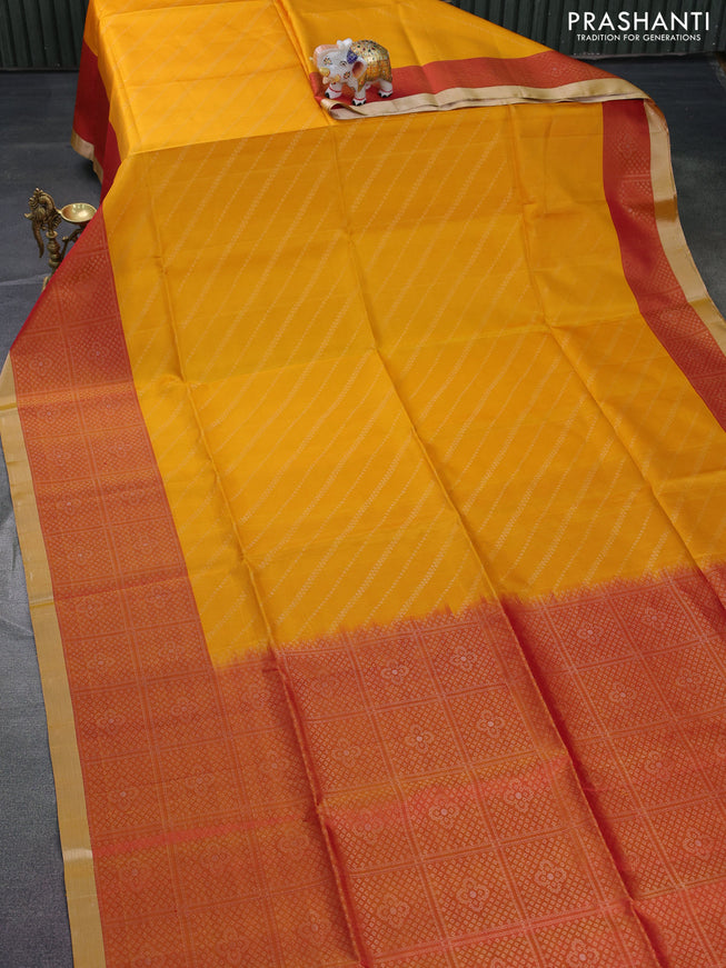 Pure soft silk saree yellow and dual shade of red with allover silver zari weaves and long silver zari wovenborder