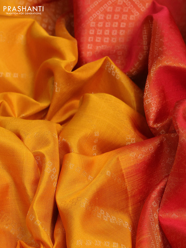 Pure soft silk saree yellow and dual shade of red with allover silver zari weaves and long silver zari wovenborder
