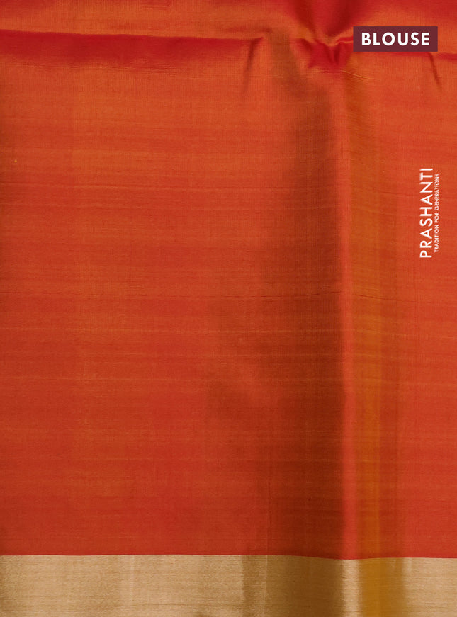 Pure soft silk saree yellow and dual shade of red with allover silver zari weaves and long silver zari wovenborder