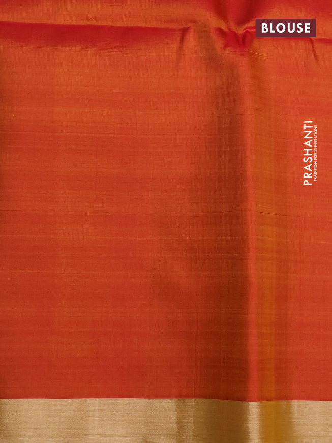 Pure soft silk saree yellow and dual shade of red with allover silver zari weaves and long silver zari wovenborder