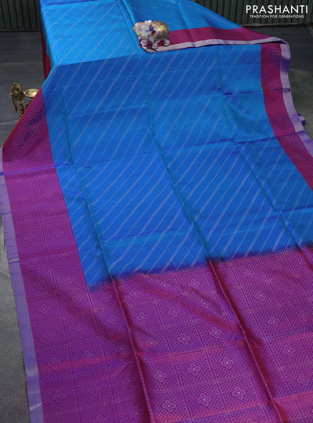 Pure soft silk saree dual shade of blue and dual shade of purple with allover silver zari weaves and long silver zari wovenborder