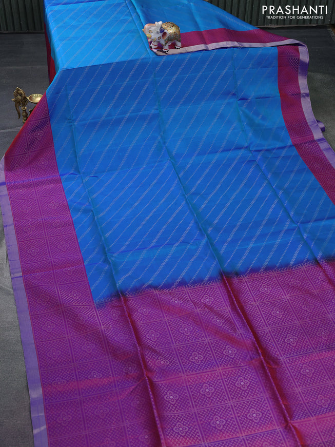 Pure soft silk saree dual shade of blue and dual shade of purple with allover silver zari weaves and long silver zari wovenborder