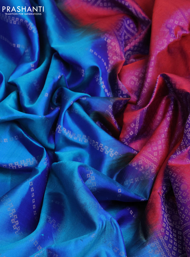 Pure soft silk saree dual shade of blue and dual shade of purple with allover silver zari weaves and long silver zari wovenborder