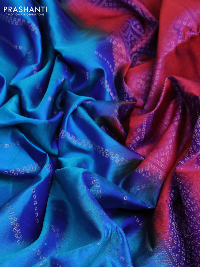 Pure soft silk saree dual shade of blue and dual shade of purple with allover silver zari weaves and long silver zari wovenborder