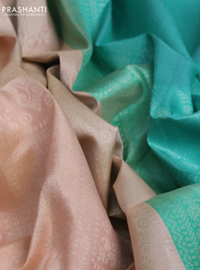 Pure soft silk saree pastel peach and teal green with allover silver zari woven brocade weaves and long zari woven border