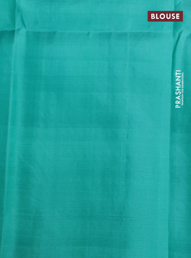 Pure soft silk saree pastel peach and teal green with allover silver zari woven brocade weaves and long zari woven border