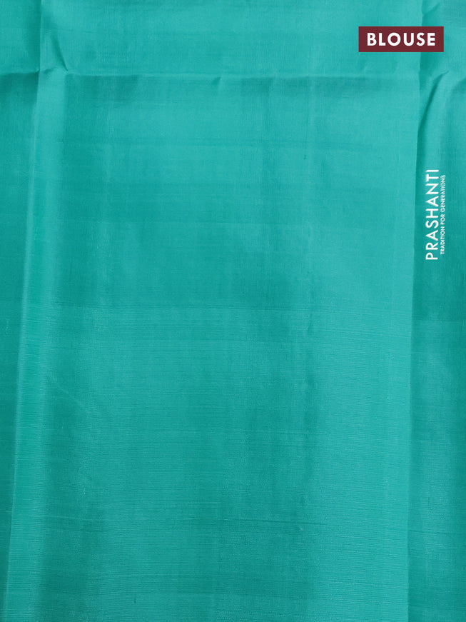 Pure soft silk saree pastel peach and teal green with allover silver zari woven brocade weaves and long zari woven border