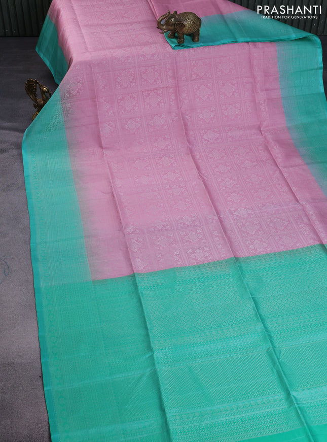 Pure soft silk saree pastel pink and dual shade of green with allover silver zari woven brocade weaves and long zari woven border