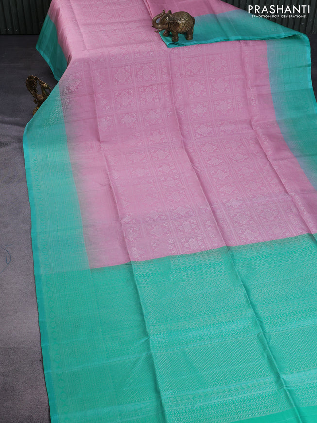 Pure soft silk saree pastel pink and dual shade of green with allover silver zari woven brocade weaves and long zari woven border