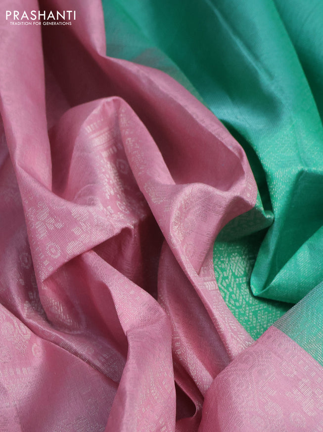Pure soft silk saree pastel pink and dual shade of green with allover silver zari woven brocade weaves and long zari woven border