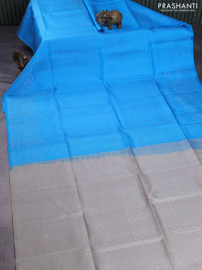 Pure soft silk saree blue and grey shade with alloven silver zari woven brocade weaves and long zari woven border