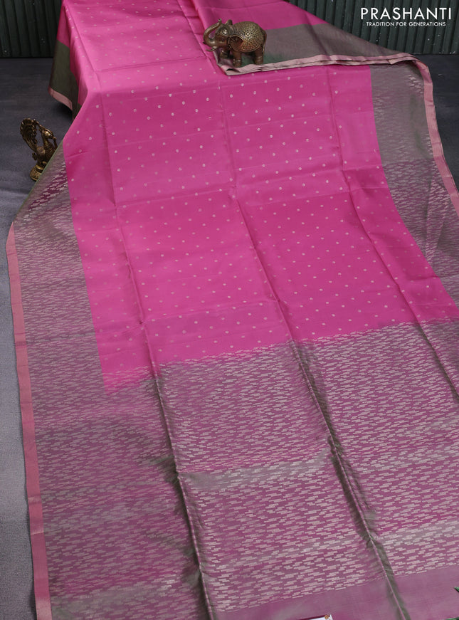 Pure soft silk saree mauve pink and dual shade of green with allover zari woven geometric buttas and zari woven border