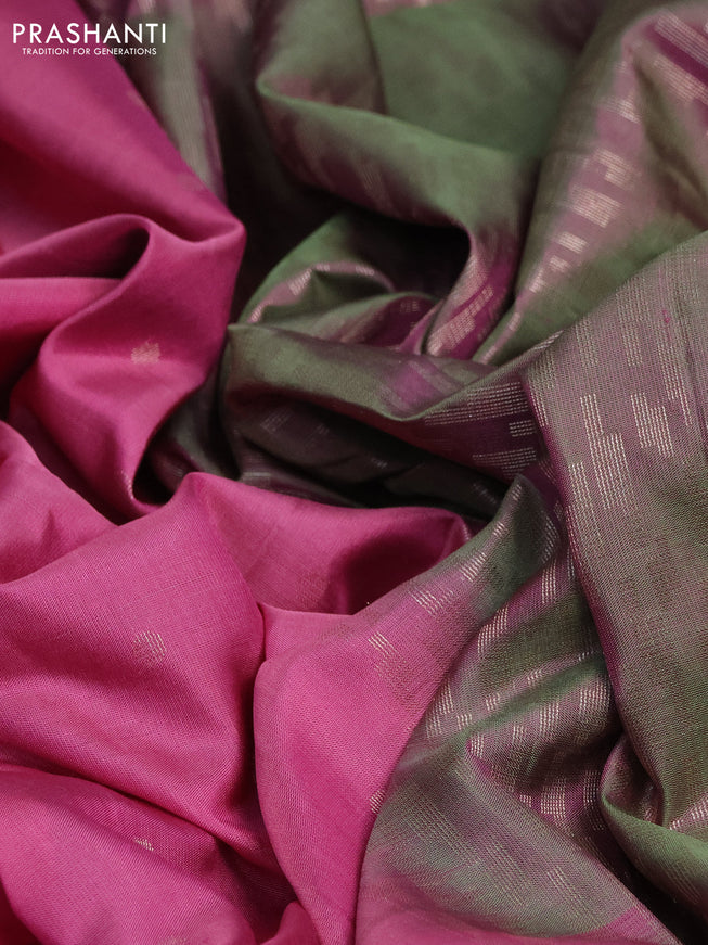 Pure soft silk saree mauve pink and dual shade of green with allover zari woven geometric buttas and zari woven border