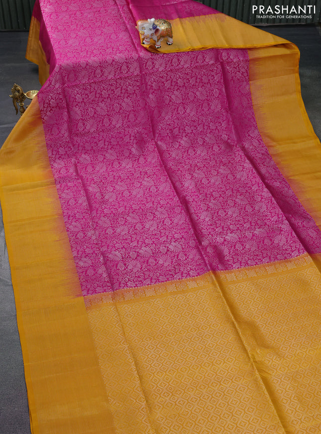 Pure soft silk saree magenta pink and yellow with allover silver zari woven brocade weaves and long zari woven border