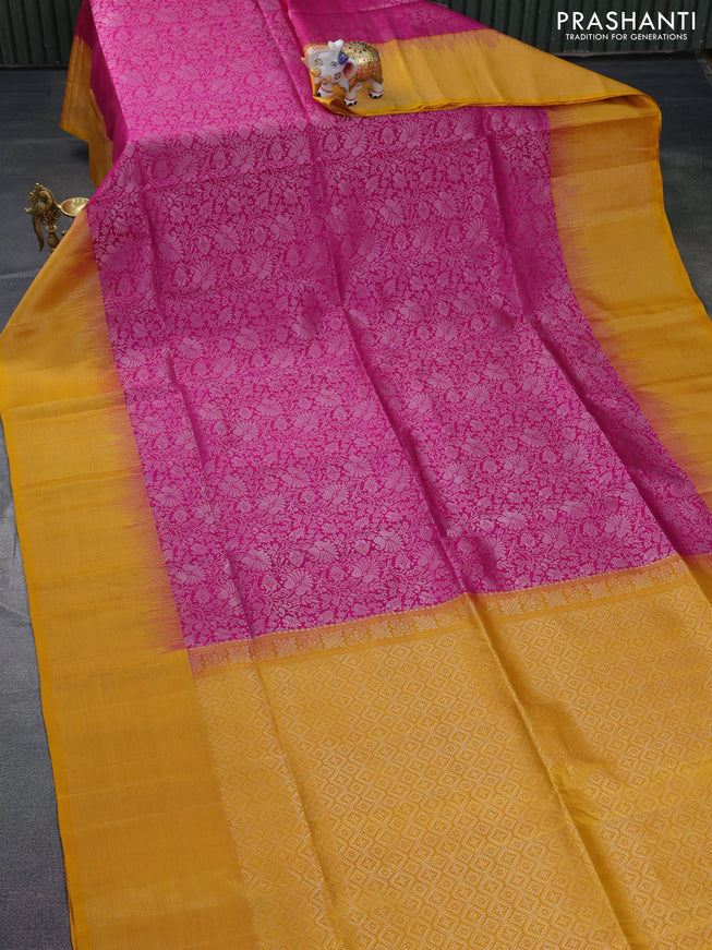 Pure soft silk saree magenta pink and yellow with allover silver zari woven brocade weaves and long zari woven border