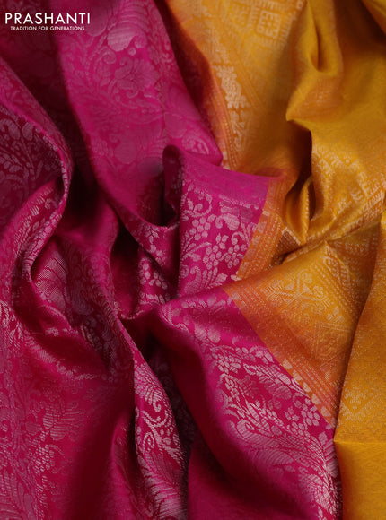Pure soft silk saree magenta pink and yellow with allover silver zari woven brocade weaves and long zari woven border