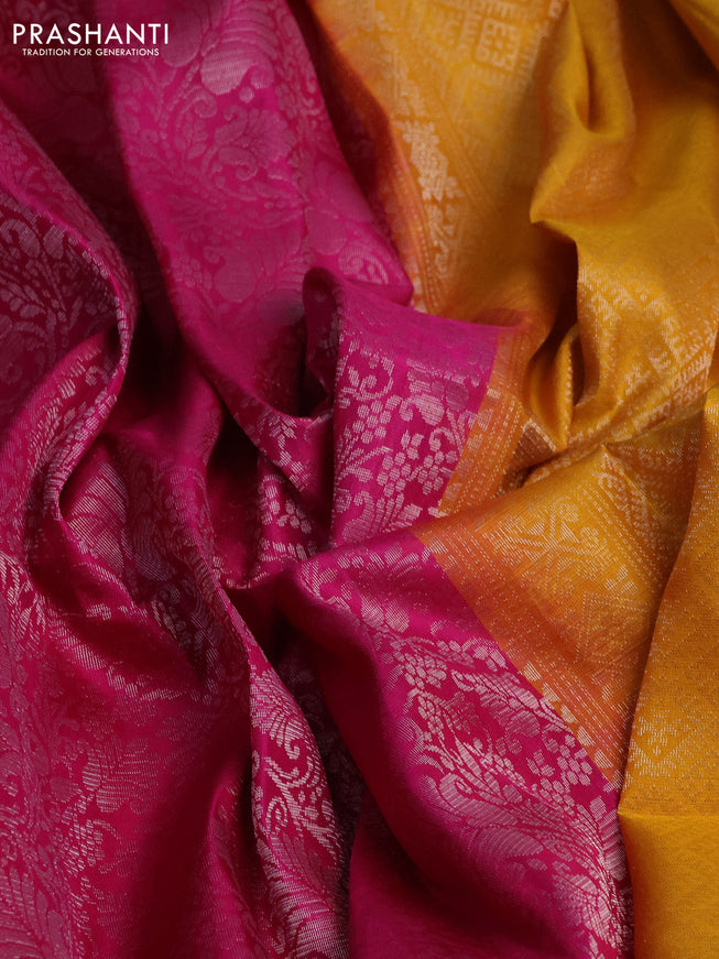 Pure soft silk saree magenta pink and yellow with allover silver zari woven brocade weaves and long zari woven border