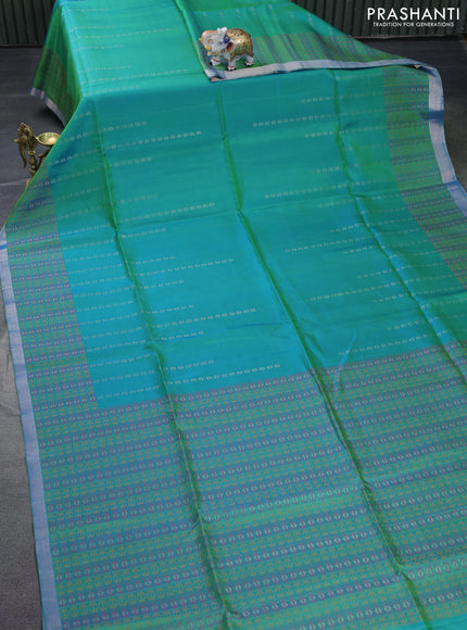 Pure soft silk saree dual shade of green with silver zari woven buttas and thread & zari woven border