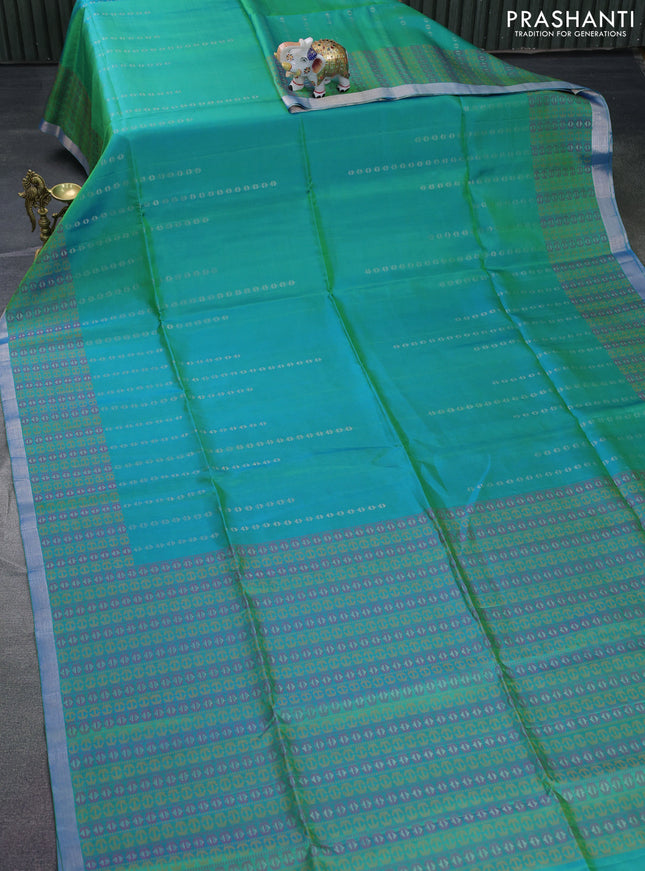 Pure soft silk saree dual shade of green with silver zari woven buttas and thread & zari woven border