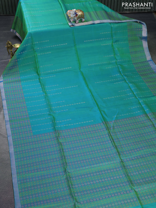 Pure soft silk saree dual shade of green with silver zari woven buttas and thread & zari woven border