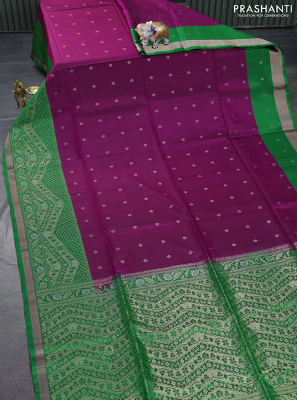 Pure soft silk saree dark magenta pink and green with zari woven buttas and long zari woven border