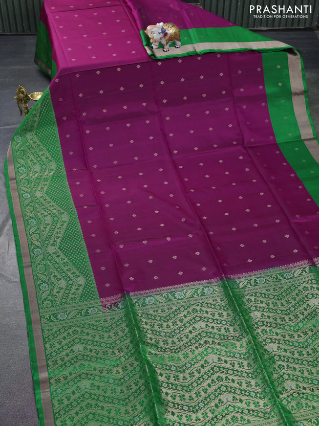 Pure soft silk saree dark magenta pink and green with zari woven buttas and long zari woven border