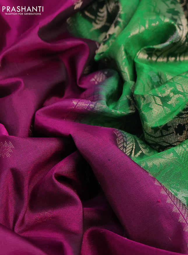 Pure soft silk saree dark magenta pink and green with zari woven buttas and long zari woven border