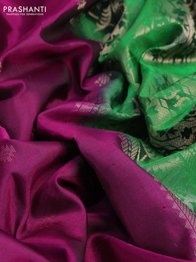 Pure soft silk saree dark magenta pink and green with zari woven buttas and long zari woven border