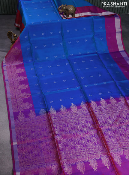 Pure soft silk saree dual shade of bluish green and purple with silver zari woven buttas and long zari woven border