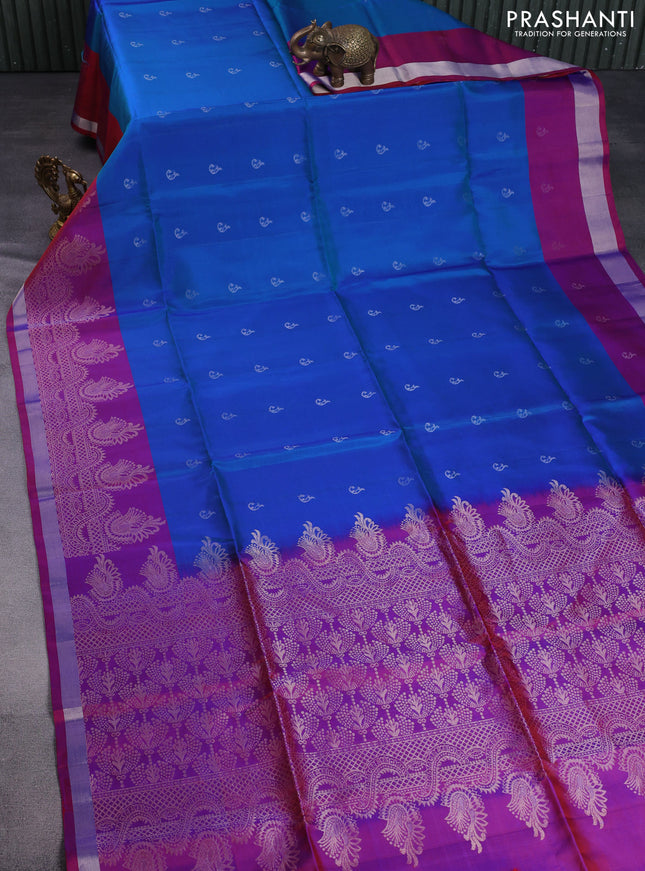 Pure soft silk saree dual shade of bluish green and purple with silver zari woven buttas and long zari woven border