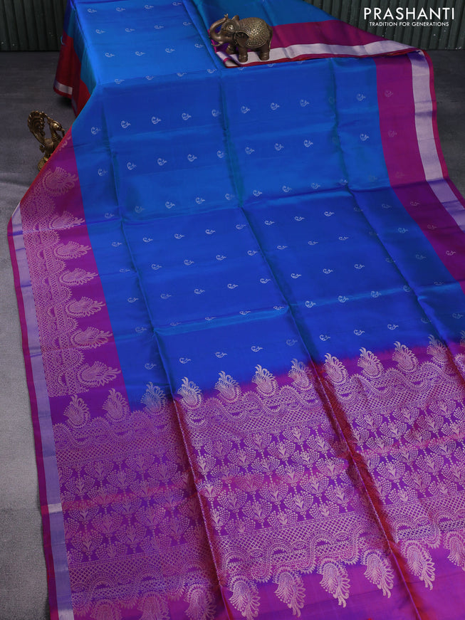 Pure soft silk saree dual shade of bluish green and purple with silver zari woven buttas and long zari woven border