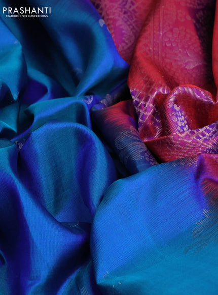 Pure soft silk saree dual shade of bluish green and purple with silver zari woven buttas and long zari woven border