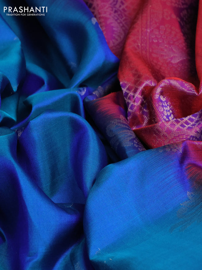 Pure soft silk saree dual shade of bluish green and purple with silver zari woven buttas and long zari woven border