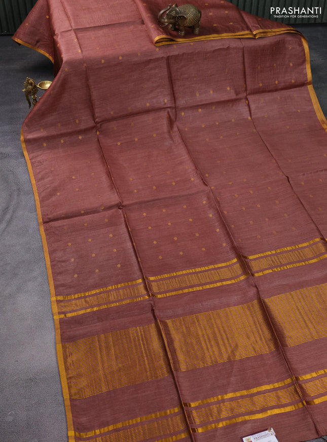 Munga tussar silk saree brown with allover zari woven buttas and zari woven border