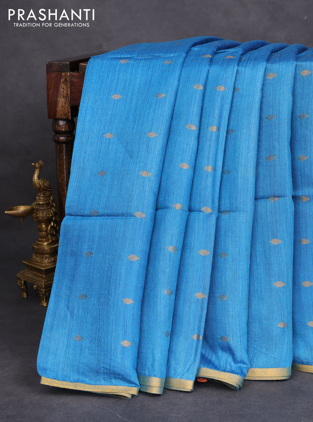 Munga tussar silk saree cs blue with allover zari woven buttas and zari woven border