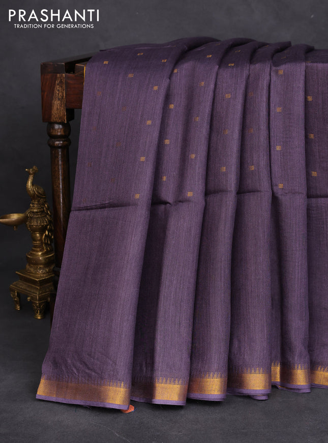 Munga tussar silk saree deep jamun shade with allover zari woven buttas and zari woven border