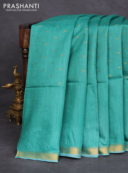 Munga tussar silk saree teal green with allover zari woven buttas and zari woven border