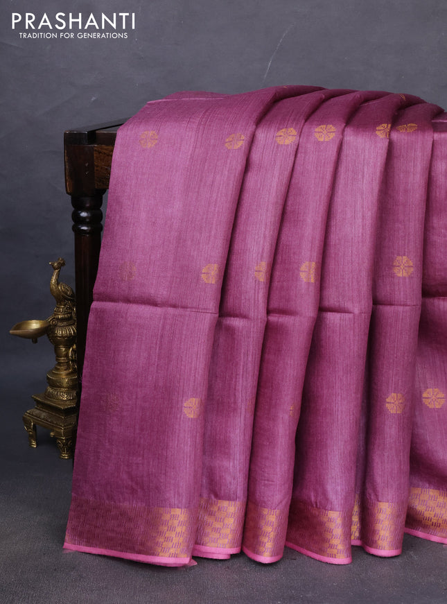 Munga tussar silk saree purple shade with allover zari woven buttas and zari woven border