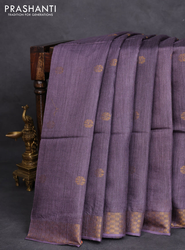 Munga tussar silk saree deep jamun shade with allover zari woven buttas and zari woven border
