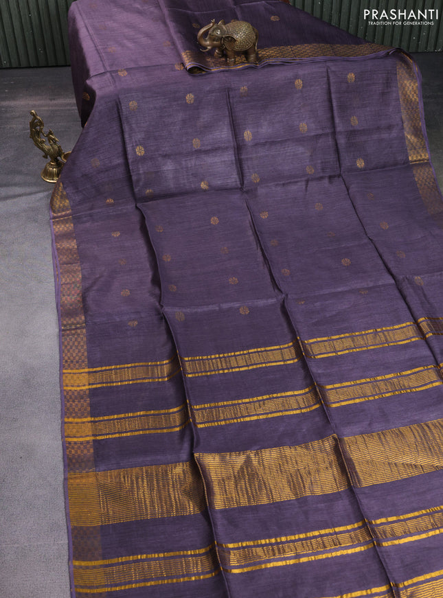 Munga tussar silk saree deep jamun shade with allover zari woven buttas and zari woven border
