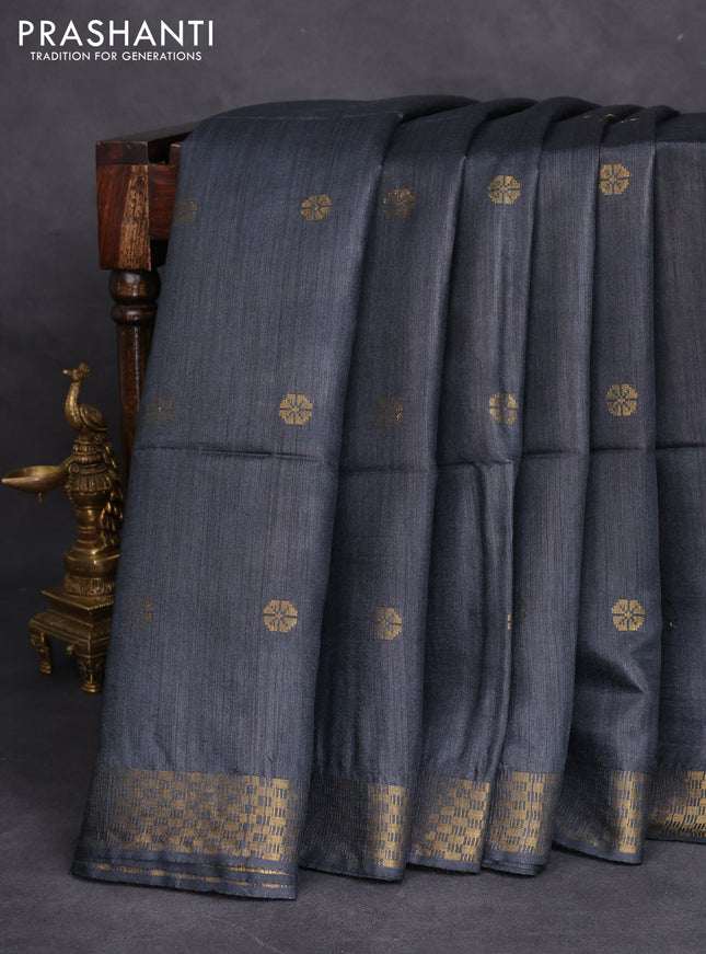 Munga tussar silk saree black with allover zari woven buttas and zari woven border