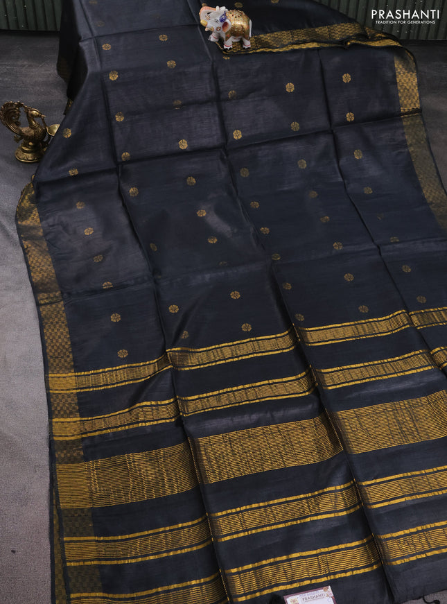Munga tussar silk saree black with allover zari woven buttas and zari woven border