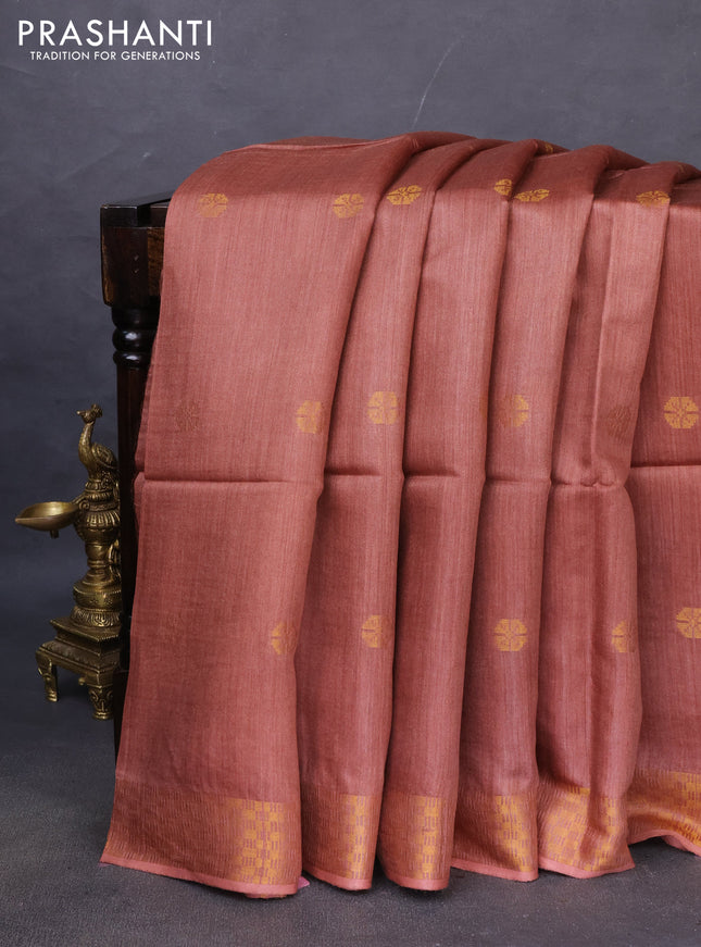 Munga tussar silk saree brown with allover zari woven buttas and zari woven border