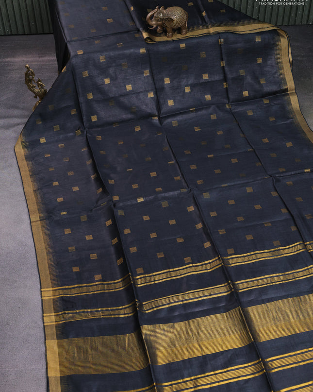 Munga tussar silk saree black with allover zari woven buttas and zari woven border