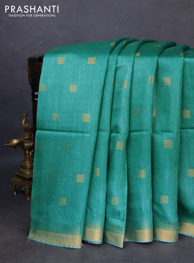 Munga tussar silk saree teal green with allover zari woven buttas and zari woven border