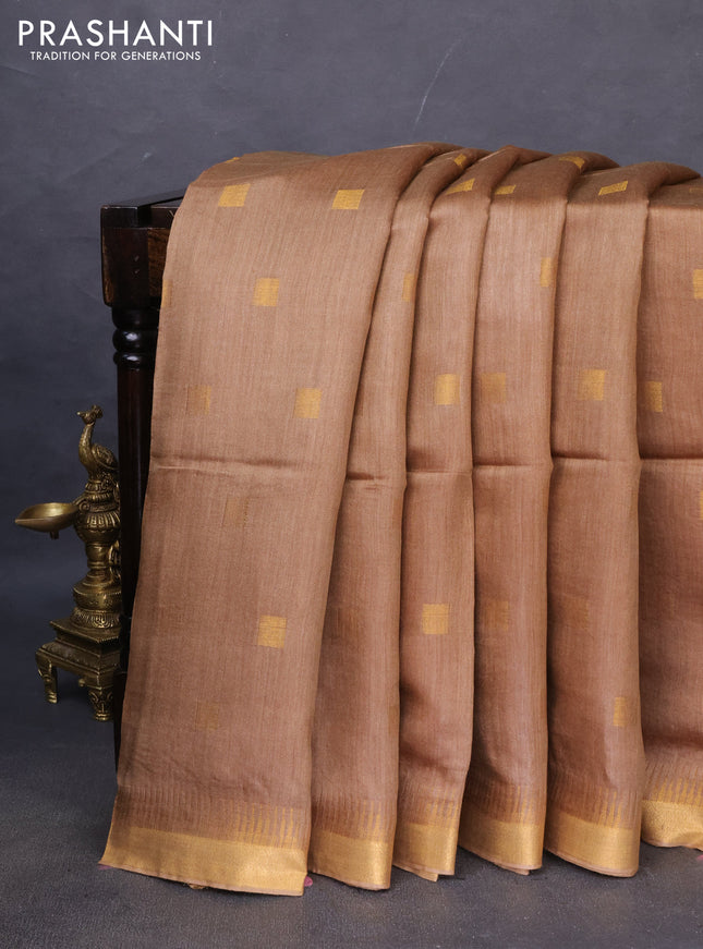 Munga tussar silk saree sandal with allover zari woven buttas and zari woven border