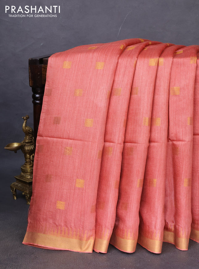 Munga tussar silk saree peach shade with allover zari woven buttas and zari woven border