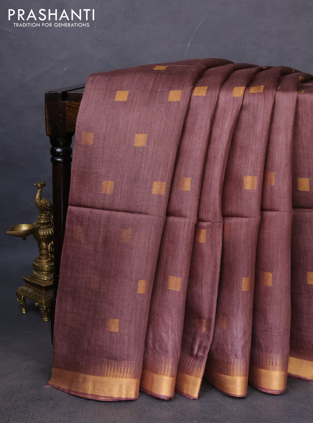 Munga tussar silk saree brown with allover zari woven buttas and zari woven border